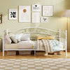 Twin size white metal daybed frame with heart-shaped decoration, featuring cozy bedding and ample under-bed storage.