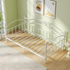 Twin size metal daybed frame in white with heart-shaped decoration, ideal for bedroom seating and extra sleeping space.