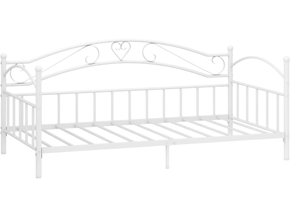 Twin size metal daybed frame in white with heart-shaped design, sturdy slats, and ample under-bed storage for bedroom.