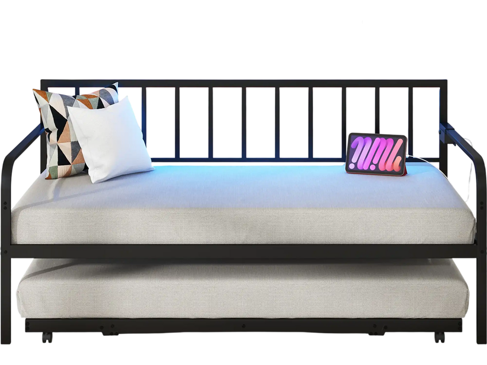 Twin daybed in black with pop-up trundle, LED lights, and charging station, perfect for guest rooms or sleepovers.