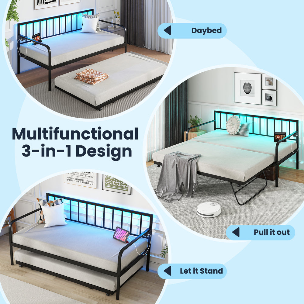 Twin daybed with pop-up trundle, LED lights, and charging station, ideal for versatile sleeping arrangements.