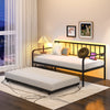 Twin daybed with pop-up trundle, black metal frame, LED lights, and charging station, perfect for guest rooms.
