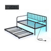 Twin daybed with pop-up trundle, built-in charging station, and LED lights, perfect for guest rooms and sleepovers.