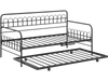 Twin daybed with curved backrest and armrests in black, featuring a pull-out trundle for extra sleeping space.
