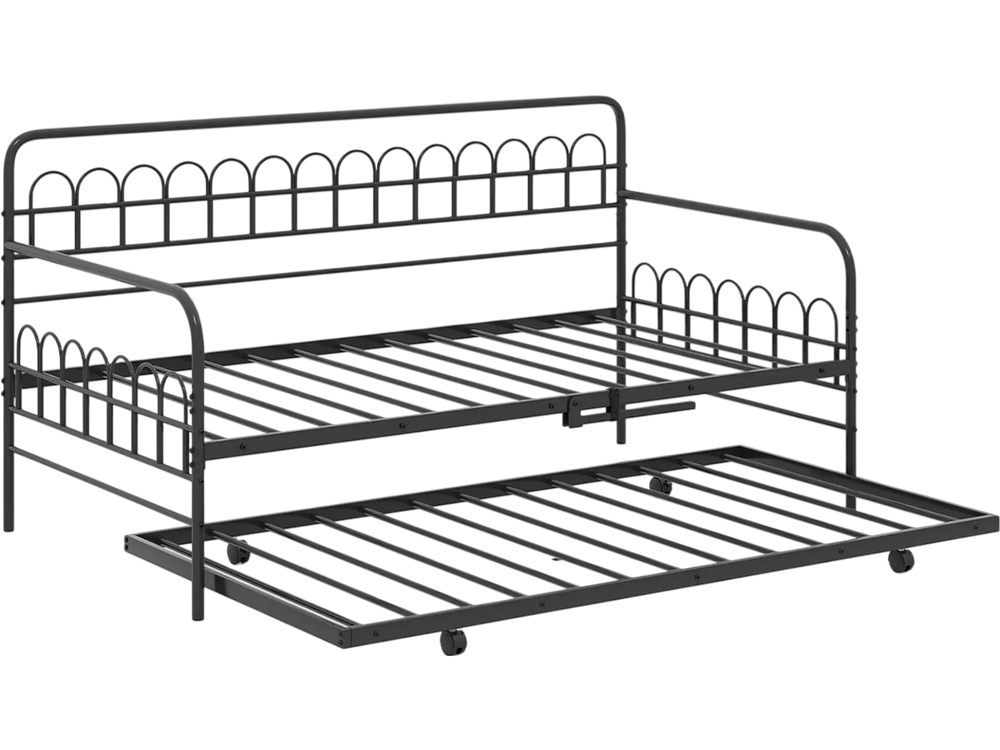 Twin daybed with curved backrest and armrests in black, featuring a pull-out trundle for extra sleeping space.