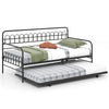 Twin daybed with curved backrest and armrests in black, featuring a pull-out trundle for space-saving guest sleeping.