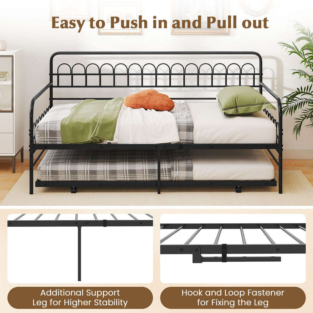 Close-up of the black twin daybed's curved backrest and armrests, featuring sturdy metal slats for enhanced support.