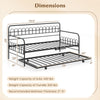 Twin daybed with curved backrest and armrests, black metal, includes pull-out trundle for space-saving sleeping.