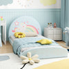 Twin floor bed frame with unicorn design, soft headboard, and blue upholstery, perfect for kids' independence and.