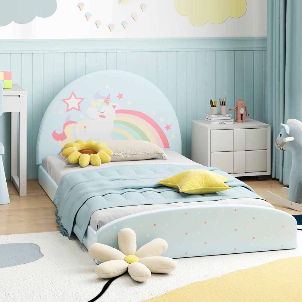 Twin Floor Bed Frame Upholstered Twin Size Kids Floor Bed with 210D Oxford Cloth Floor Mat-Blue - Gallery View 1 of 10