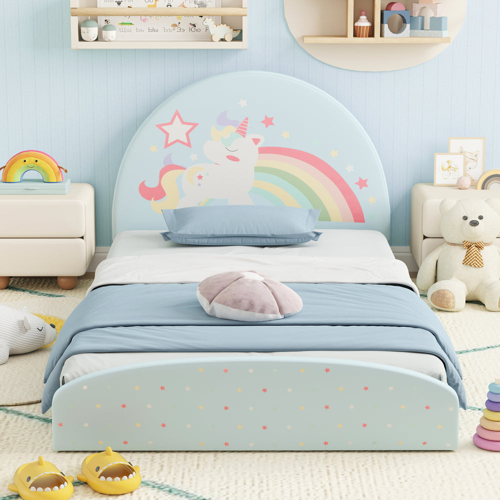 Twin floor bed frame with a soft unicorn headboard, blue upholstery, and a 210D Oxford cloth floor mat for kids.