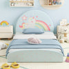 Twin floor bed frame with a soft unicorn headboard, blue upholstery, and a 210D Oxford cloth floor mat for kids.