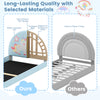 Upholstered twin floor bed frame in blue with unicorn patterns, soft headboard, and sturdy MDF for kids' independence.