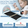 Twin floor bed frame with unicorn design, 210D oxford cloth mat, and elevated side boards for toddler independence.