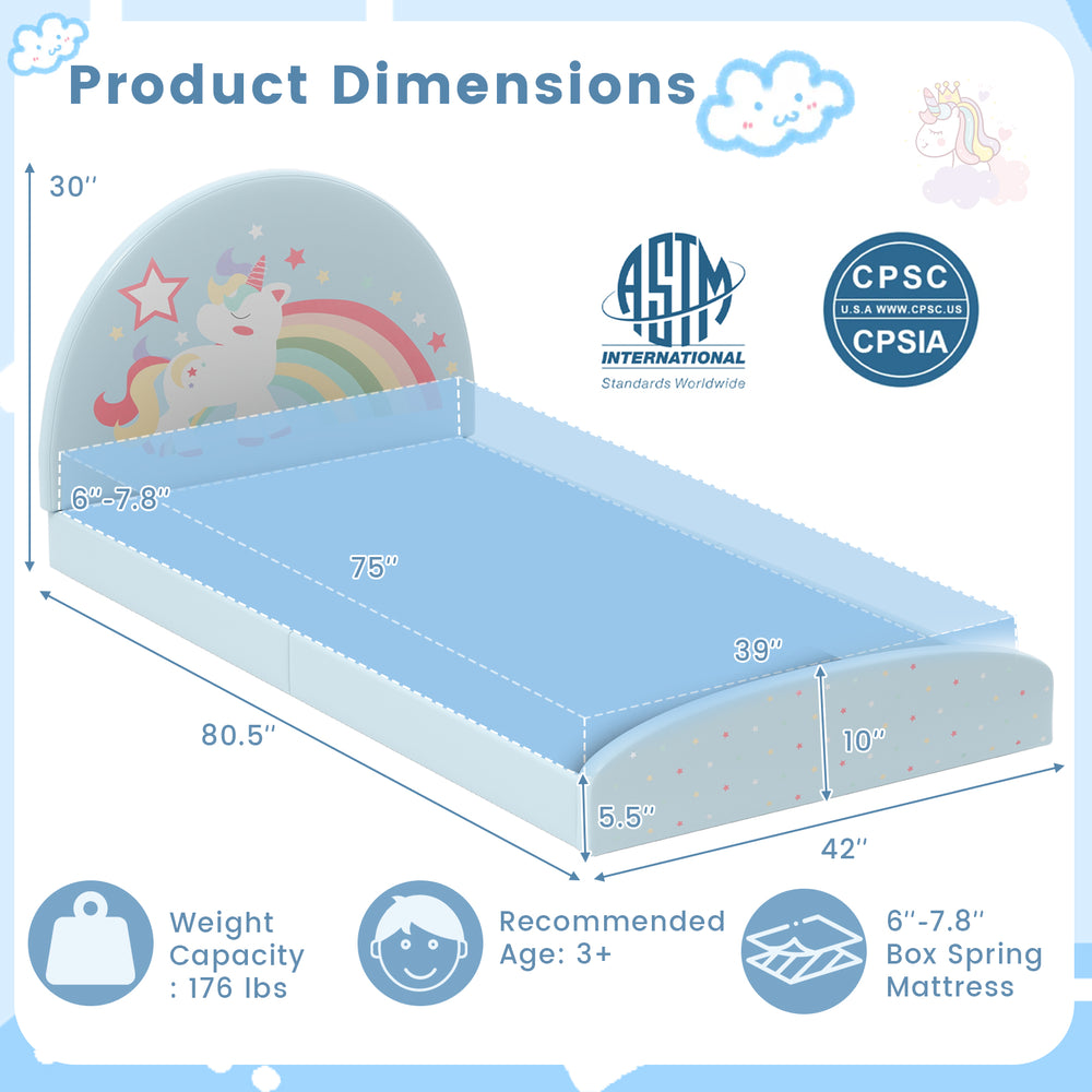 Twin floor bed frame with unicorn design, sturdy MDF, soft headboard, and 210D oxford cloth mat for kids' independence.