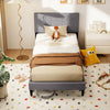 Twin size bed frame with upholstered headboard in linen fabric, featuring geometric quilting and low-profile design for.