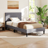 Modern twin bed frame with upholstered headboard, geometric quilting, and breathable linen fabric for stylish comfort.