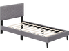 Twin size modern platform bed frame with upholstered linen fabric headboard and geometric quilting, no box spring.