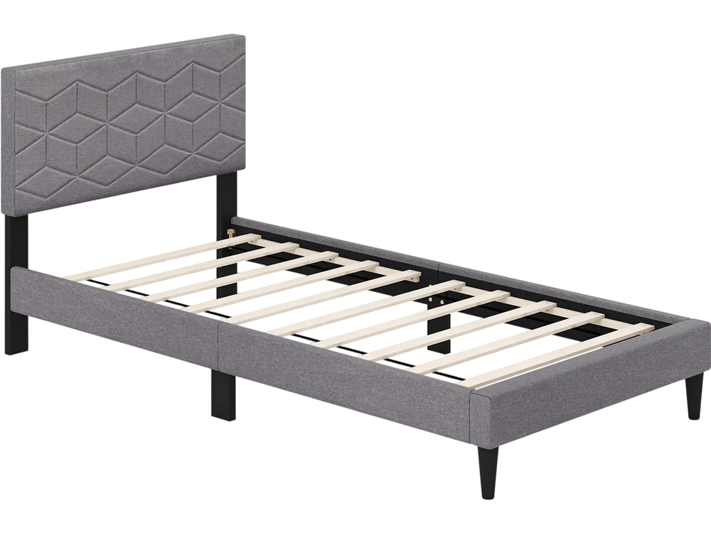 Twin size modern platform bed frame with upholstered linen fabric headboard and geometric quilting, no box spring.