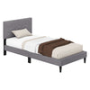 Modern twin bed frame with upholstered linen headboard, geometric quilting, and sturdy LVL slats for comfort and style.
