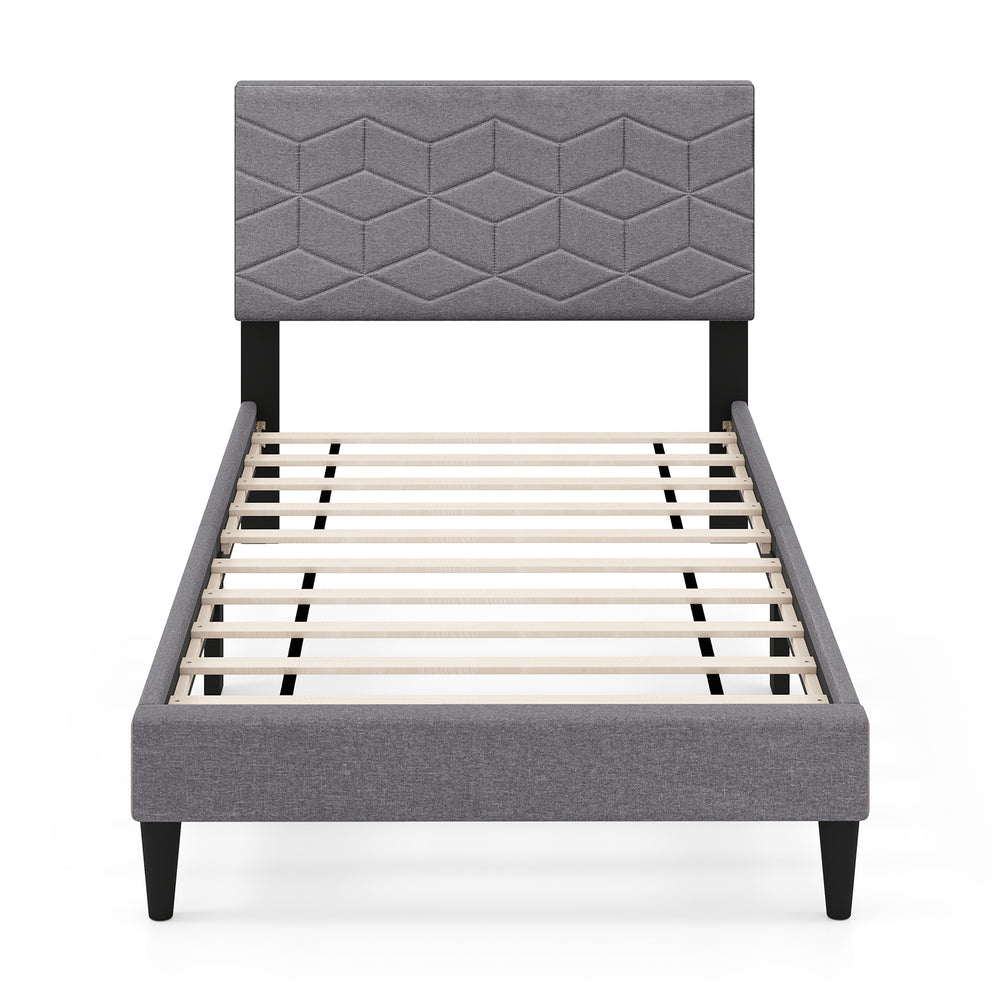 Modern twin bed frame with upholstered linen fabric headboard and geometric quilting, designed for comfort and style.
