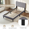 Twin size bed frame with upholstered linen headboard, sturdy LVL slats, and 6 support legs for modern bedroom style.