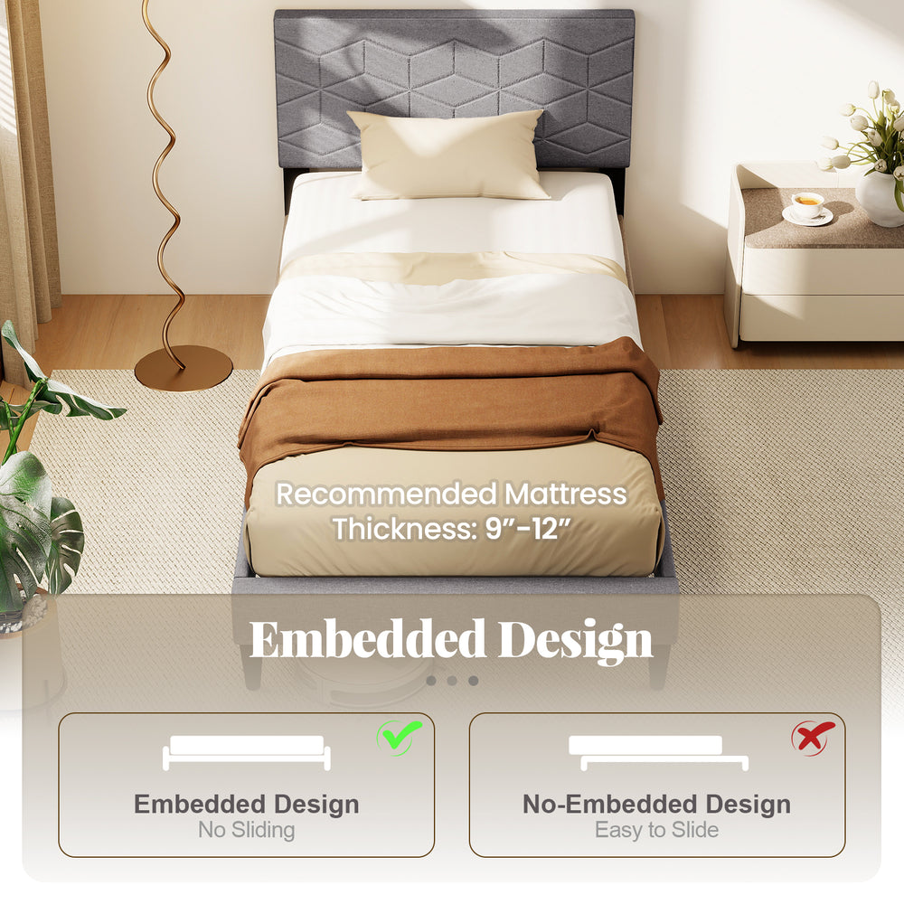 Twin/Full/Queen size bed frame with upholstered headboard, featuring embedded design for stability and modern style.