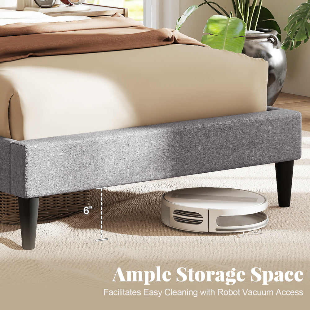 Modern platform bed frame with upholstered headboard, featuring 6 inches of clearance for easy robot vacuum access.