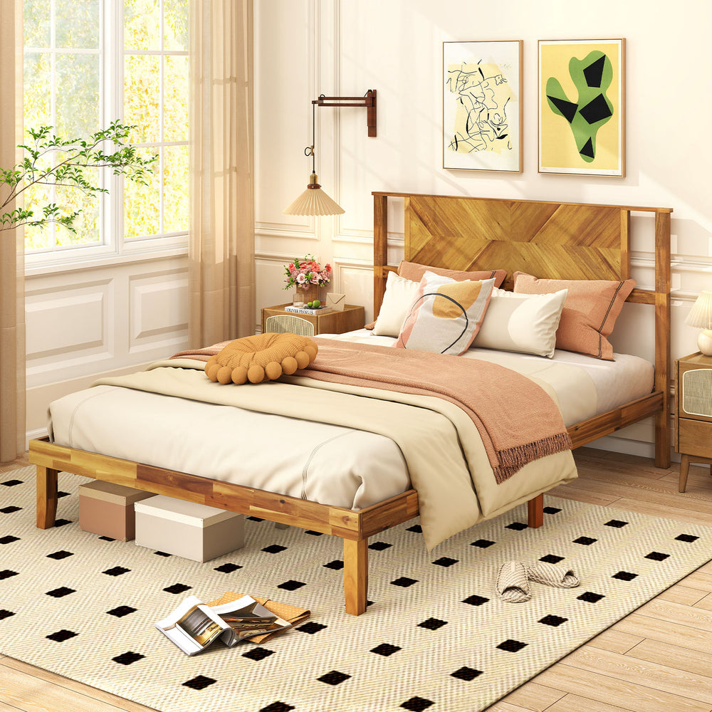 Twin/Full/Queen Size Bed Frame Mid-Century Acacia Wood Platform Bed with Headboard-Full Size - Gallery View 1 of 10