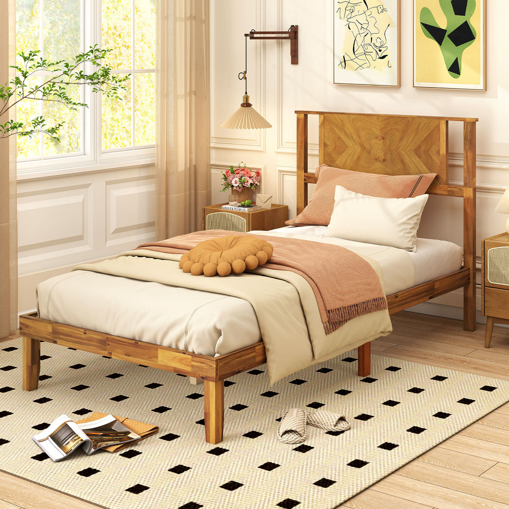 Twin size mid-century acacia wood platform bed frame with retro headboard, featuring a smooth surface and under-bed.
