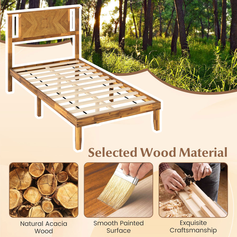 Twin size bed frame made of natural acacia wood with retro headboard, featuring a smooth painted surface for durability.