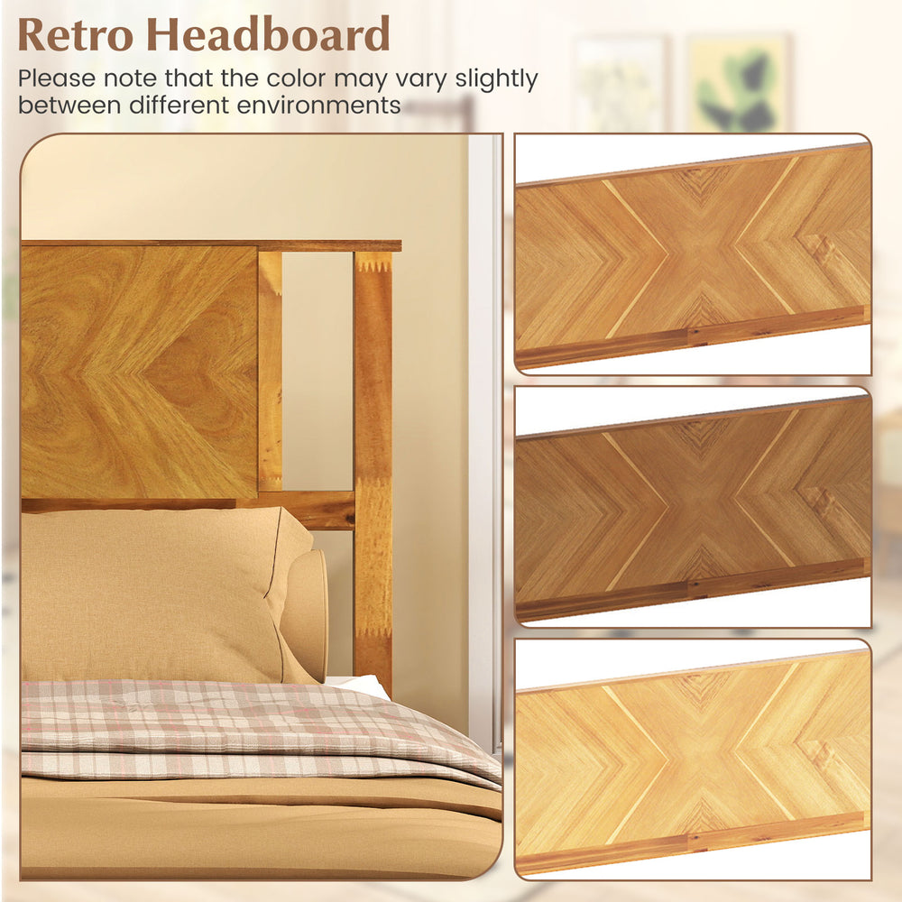 Retro headboard detail of the acacia wood platform bed frame, showcasing craftsmanship and smooth finish for stylish.