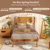 Mid-century acacia wood platform bed frame with retro headboard, supports 4"-12" mattress, no box spring needed.