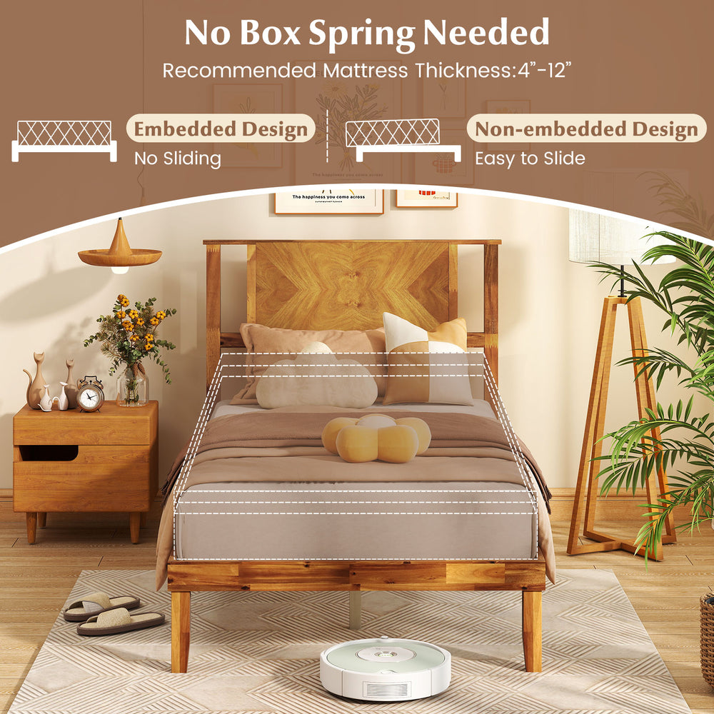 Mid-century acacia wood platform bed frame with retro headboard, supports 4"-12" mattress, no box spring needed.
