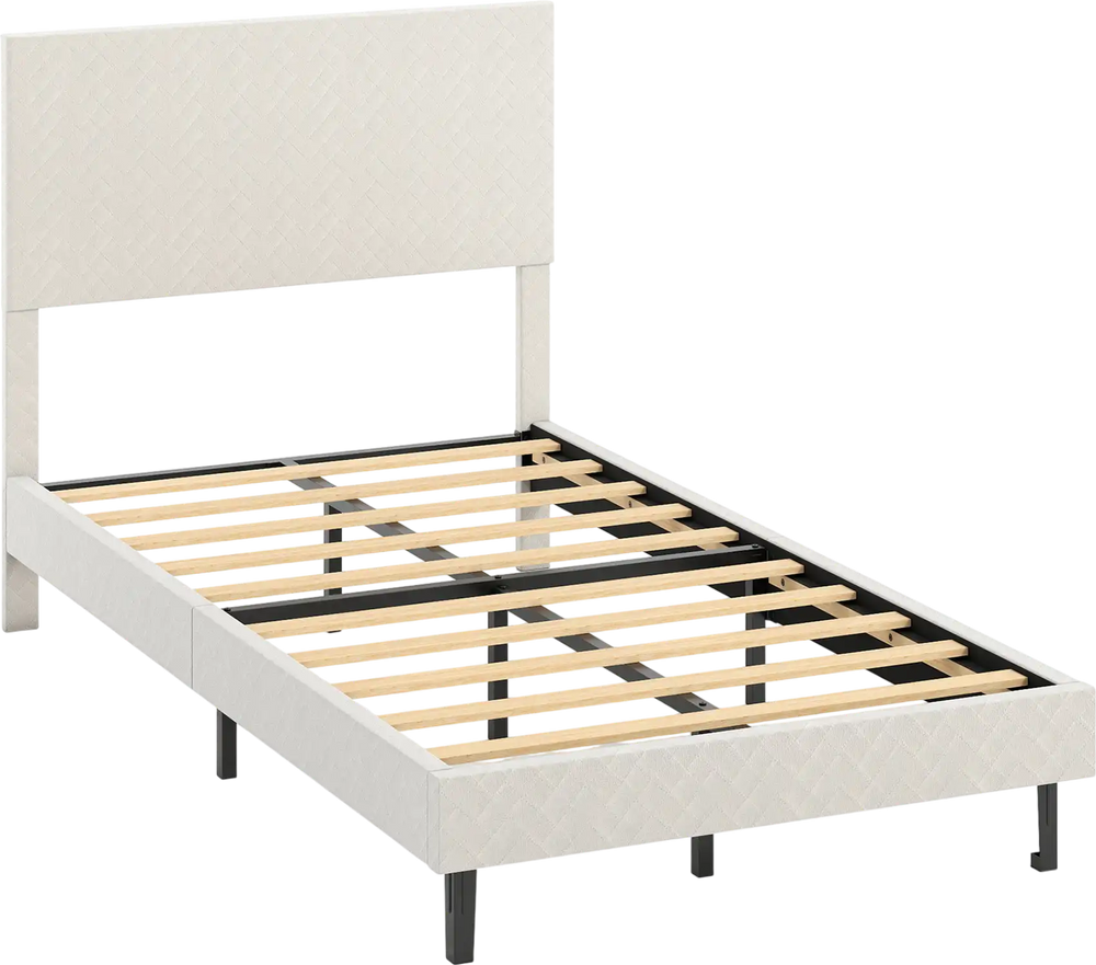 Twin size upholstered platform bed frame in beige with chevron headboard and wooden slats for sturdy support.