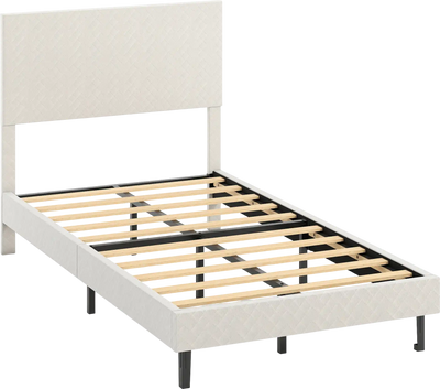 Costway Velvet Upholstered Platform Bed Frame Chevron Headboard Beige 21357639 New