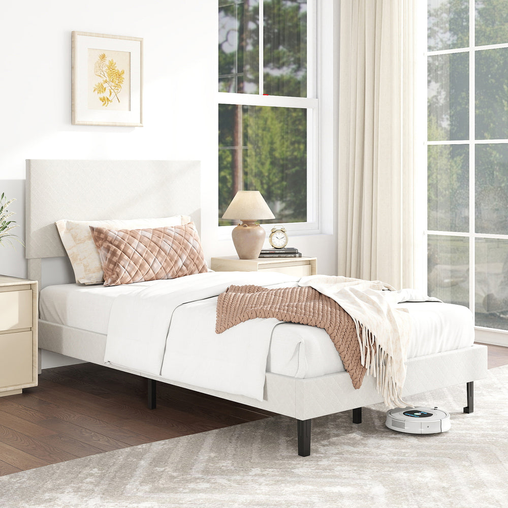 Twin/Full/Queen Size Velvet Bed Frame Upholstered Platform Bed with Chevron Headboard Beige-Twin - Gallery View 1 of 10