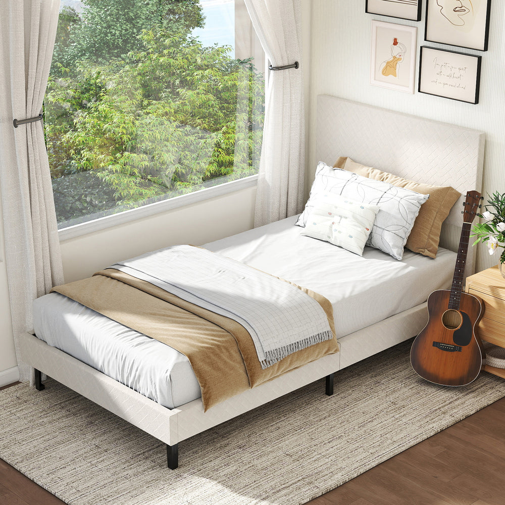 Beige twin size velvet bed frame with chevron headboard, featuring adjustable height and modern design for stylish.