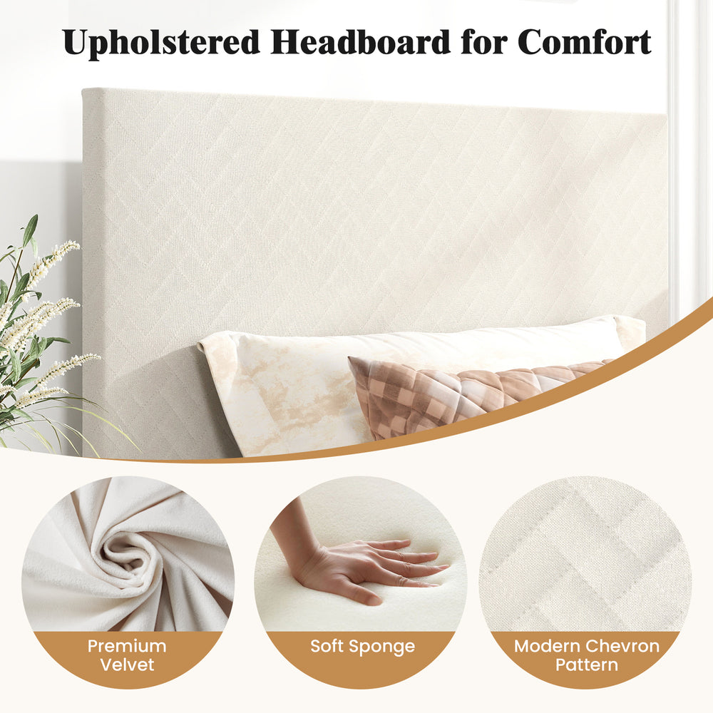 Upholstered chevron headboard in beige with premium velvet, offering comfort and style for Twin/Full/Queen size beds.