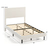 Twin size velvet bed frame with adjustable chevron headboard, beige upholstery, and sturdy wooden slats for support.