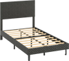 Gray twin size upholstered platform bed frame with chevron headboard and wooden slats for modern bedroom decor.