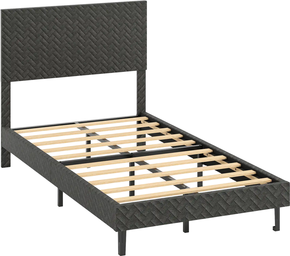 Gray twin size upholstered platform bed frame with chevron headboard and wooden slats for modern bedroom decor.