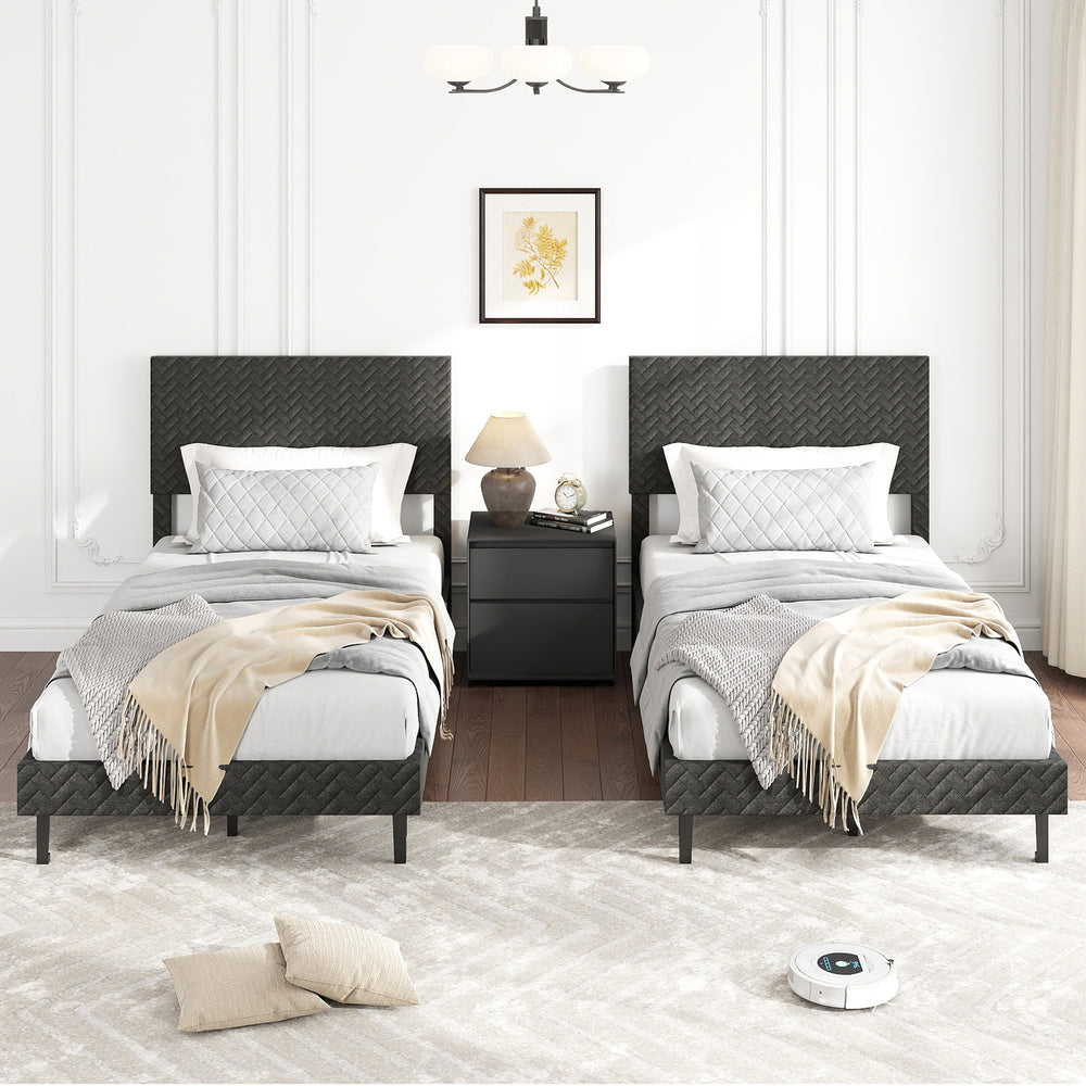 Twin size velvet bed frame with chevron headboard in gray, featuring adjustable height and sturdy wooden slats for.