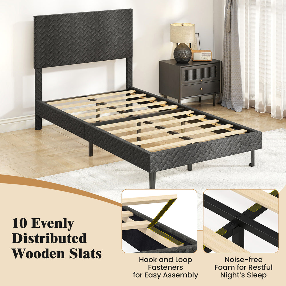 Gray velvet twin bed frame with chevron headboard, featuring 10 wooden slats for stability and noise-free foam for.