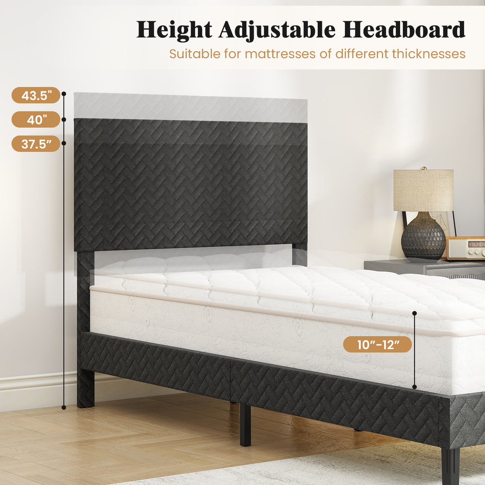 Height adjustable chevron headboard of gray velvet bed frame, suitable for various mattress thicknesses, ideal for.