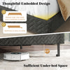 Close-up of the gray velvet bed frame showing raised side rails and 6.5" under-bed space for easy cleaning.