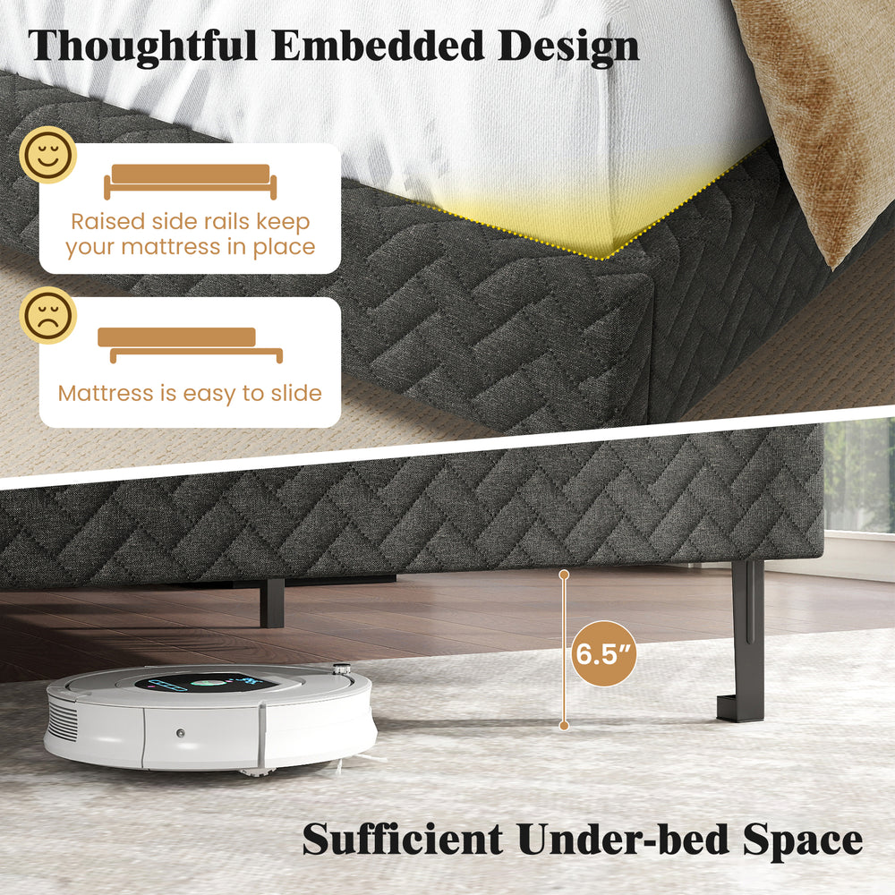 Close-up of the gray velvet bed frame showing raised side rails and 6.5" under-bed space for easy cleaning.