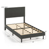 Gray velvet twin bed frame with adjustable chevron headboard and wooden slats for stability and comfort.
