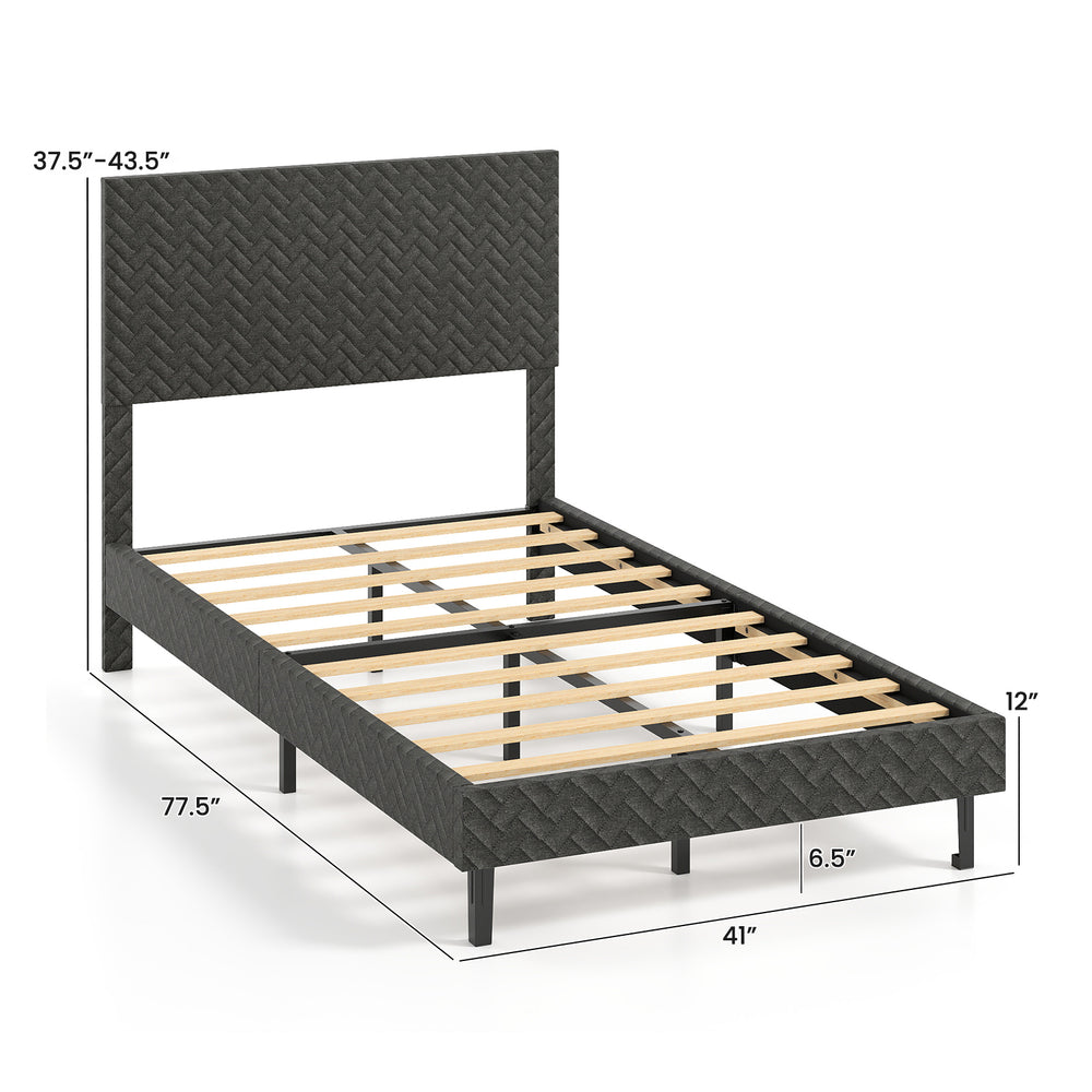Gray velvet twin bed frame with adjustable chevron headboard and wooden slats for stability and comfort.