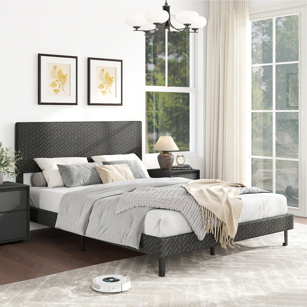 Twin/Full/Queen Size Velvet Bed Frame Upholstered Platform Bed with Chevron Headboard Gray-Queen - Gallery View 1 of 10